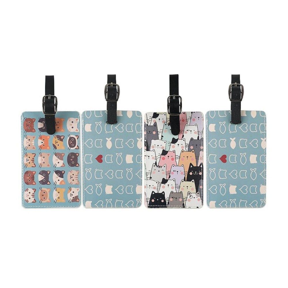 4 PK. Travel Whimsical Cats Luggage Tags Adjustable Strap With Information Cards